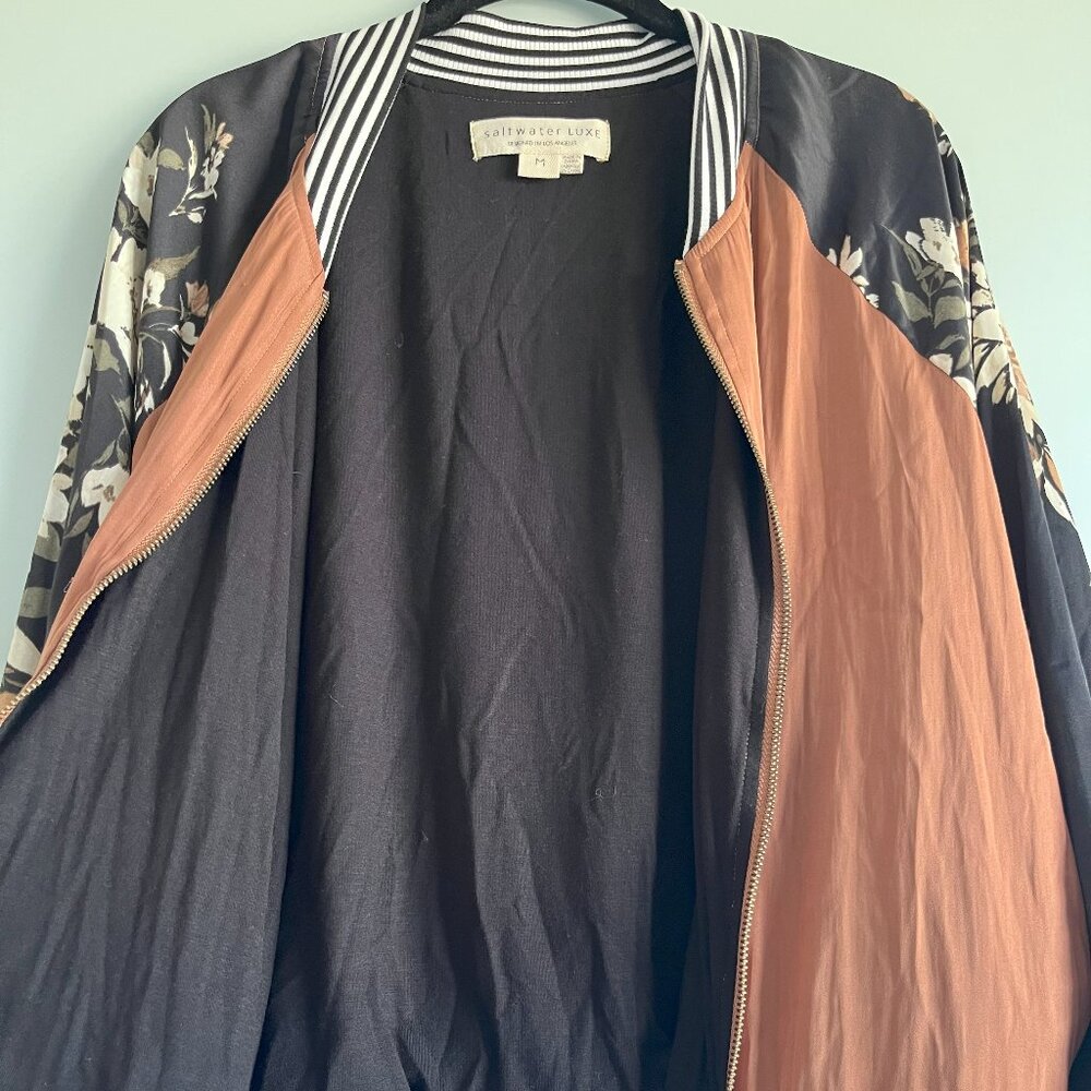 Saltwater Luxe by Anthropologie Floral Bomber Jacket Medium Rust Black Zip Front - Picture 7 of 8